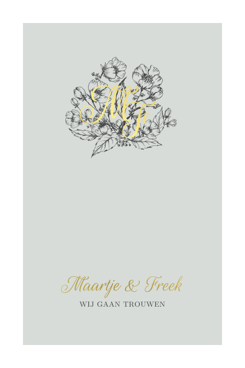 Trouwkaarten met goudfolie en getekende bloemen
