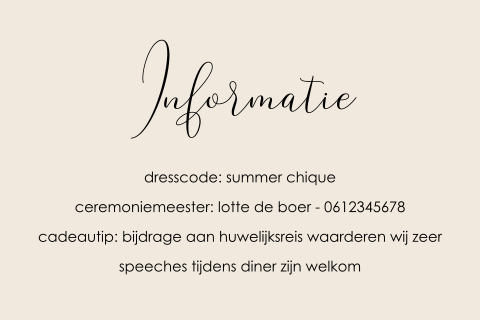 Minimalistische info kaartje bij trouwkaart