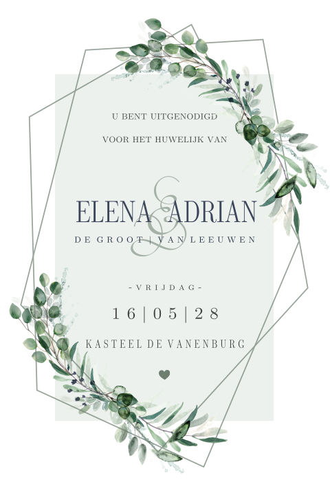 Trouwkaart met geometrische vorm en blaadjes