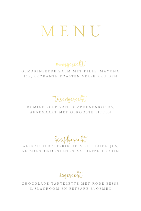 Klassieke menukaart bruiloft met goudfolie