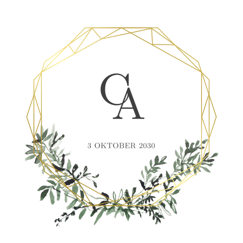 Trouwkaart met logo, geometrie in goudfolie en blaadjes