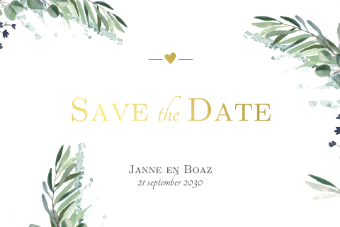 Save the Date kaart met blaadjes en goudfolie