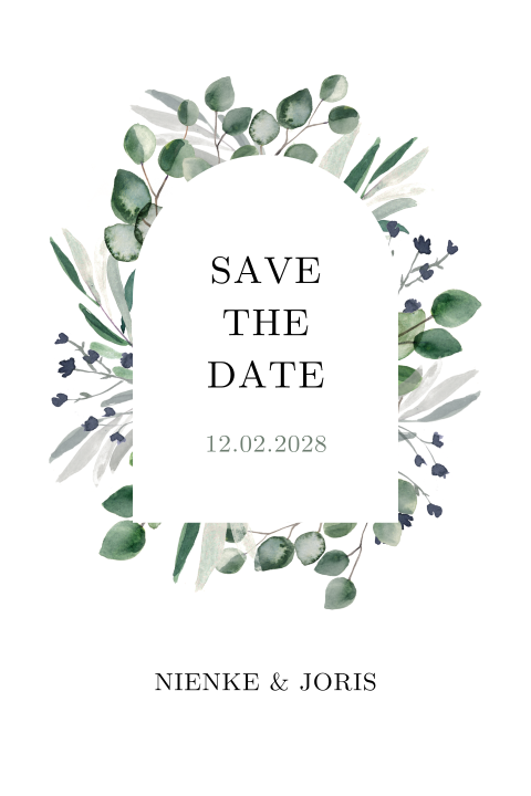 Save the Date kaart met eucalyptus en boogvorm