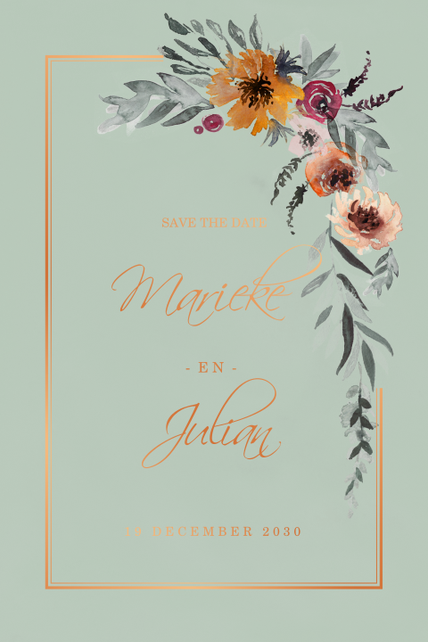 Save the Date kaart met bloemetjes en koperfolie