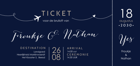 Trouwkaart als ticket in donker blauw