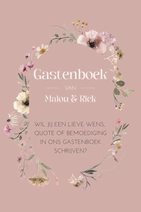 Bordje bij gastenboek met bloemenkrans