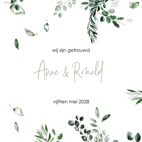 Wij zijn getrouwd kaart met eucalyptus en trouwfoto