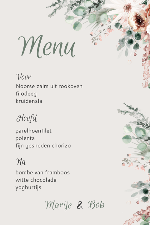 Menukaart bloemen en blaadjes