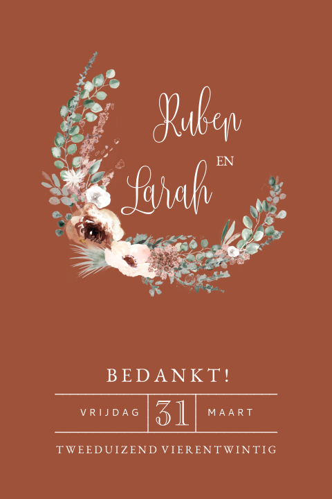 Vintage bedankkaart met bloemenkrans en roestkleur