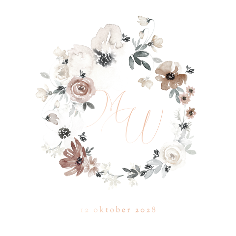 Klassieke trouwuitnodiging met bloemen, logo en roséfolie