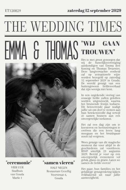 Vintage trouwkaart krantenartikel