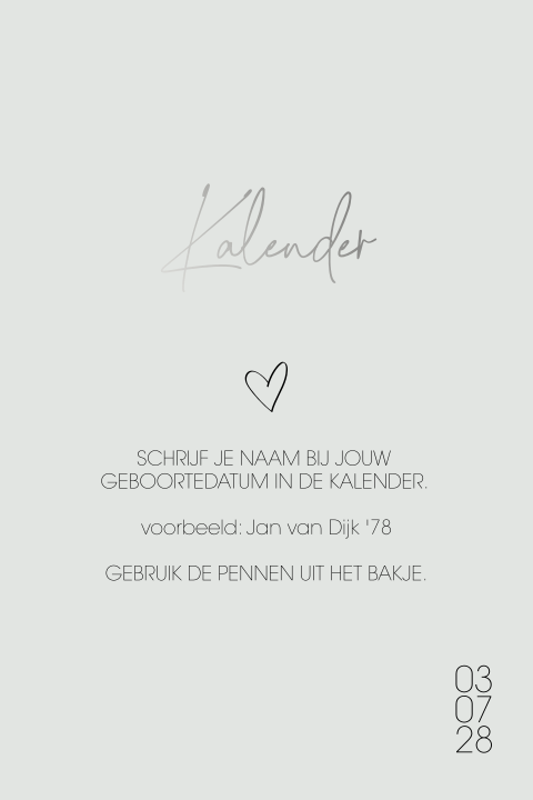 Bordje bij gastenboek kalender in pasteltint