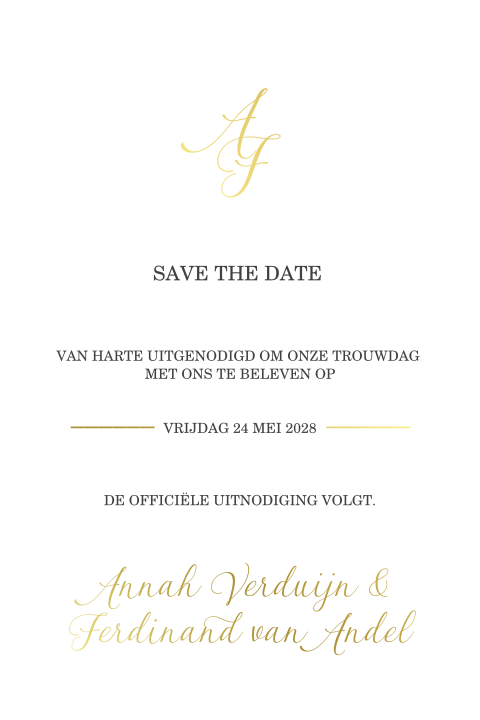 Klassieke Save the Date kaart met goudfolie initialen
