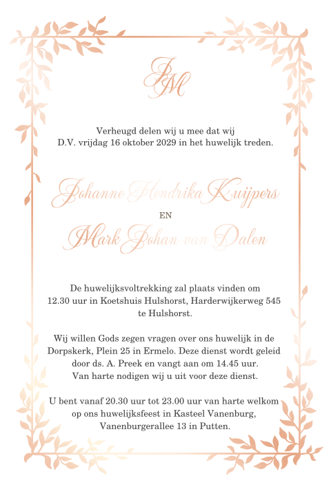 Klassieke trouwkaart met kader rosefolie
