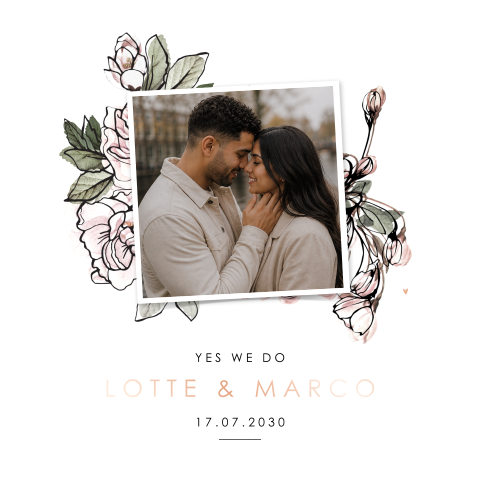 Moderne trouwkaart foto bloemen en roséfolie
