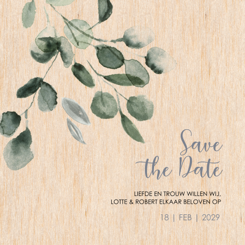 Save the date kaart van hout met blaadjes en bloemetjes