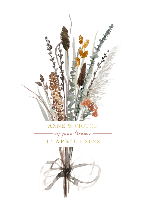 Herfst trouwkaart met droogbloemen en goudfolie