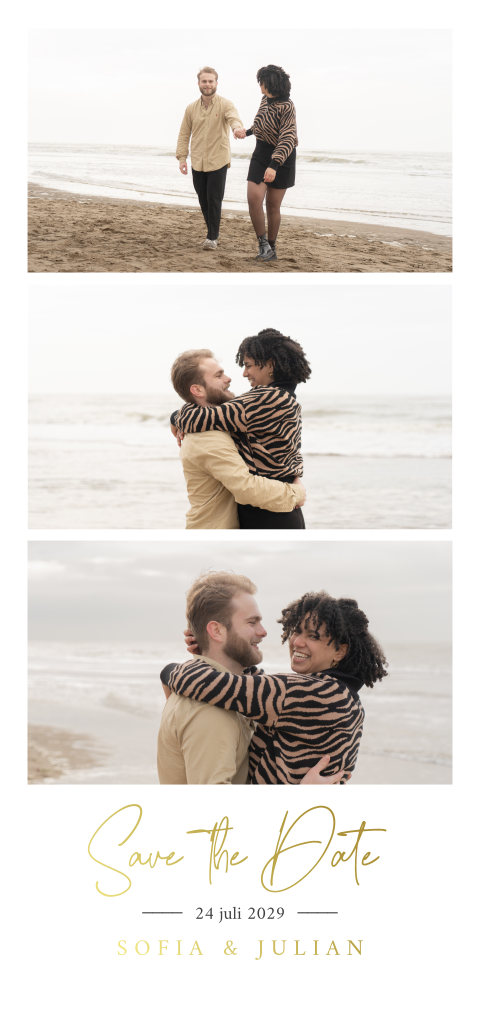 Langwerpige Save the Date met foto's en goudfolie
