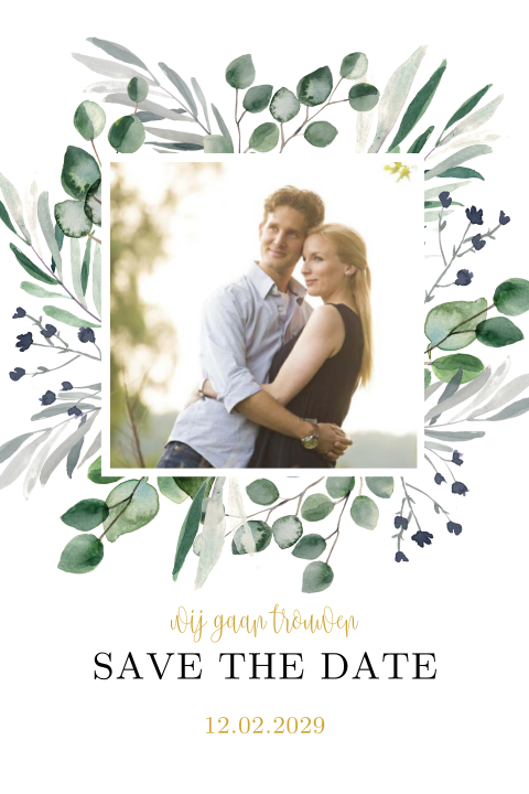 Save the Date kaart met foto en eucalyptus