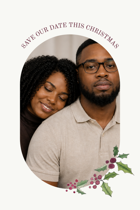 Kerst Save the Date kaart met een foto en blaadjes