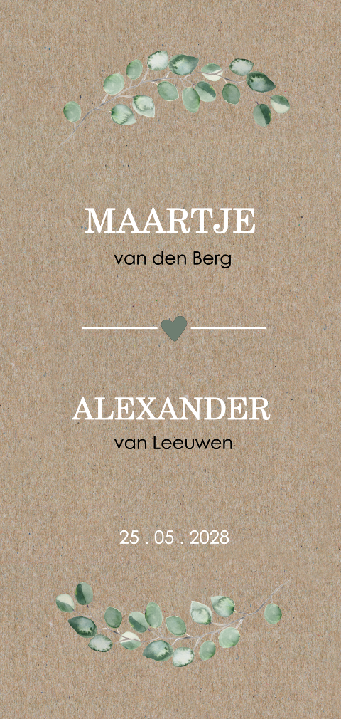 Trouwkaart op kraft met eucalyptus en icoontjes
