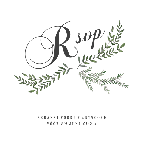 Rsvp kaartje met takjes bij trouwkaart