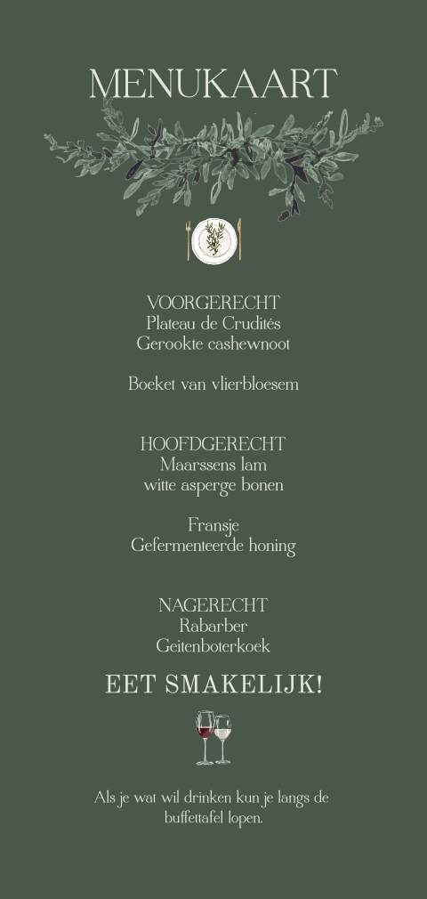Langwerpige menukaart in donkergroen met blaadjes