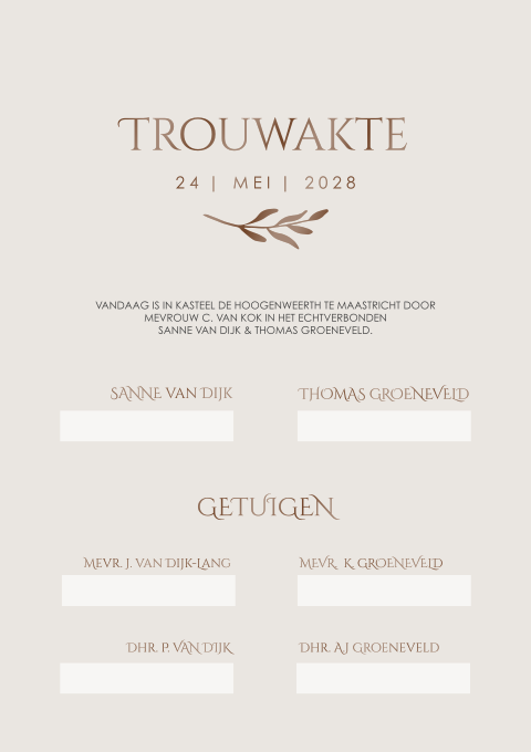 Stijlvolle trouwakte in taupe met glans en takje