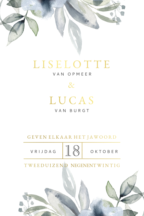 Trouwkaart met goudfolie en bloemen