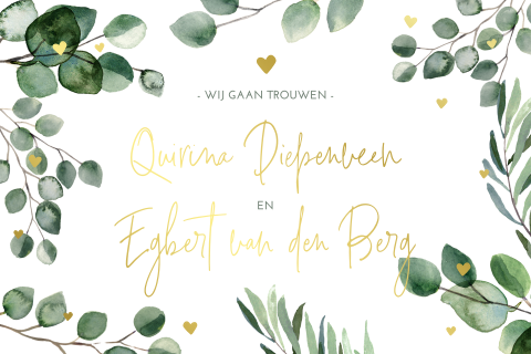 Botanische trouwkaart met hartjes in goudfolie