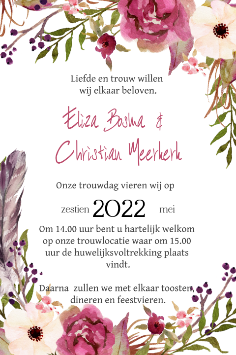 Trouwkaart bij thema Boho Chic met bloemen en veren