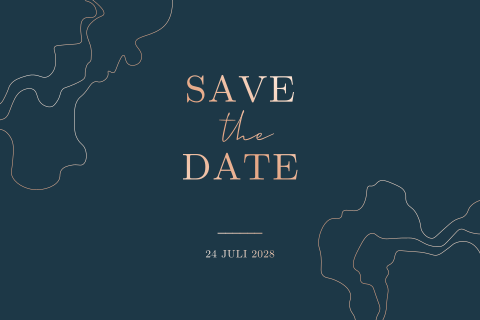 Moderne Save the Date in diepblauw met roséfolie