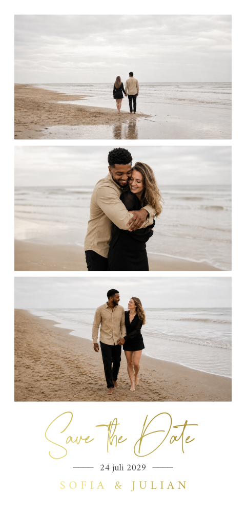 Langwerpige Save the Date met foto's en goudfolie