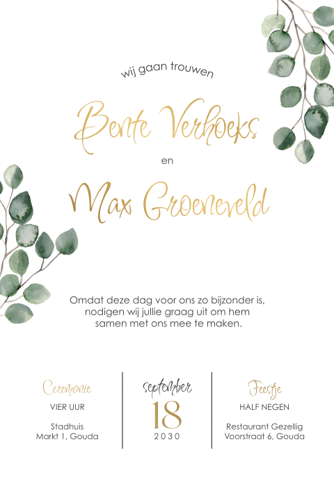 Botanische trouwkaart in pocket met folie en blaadjes