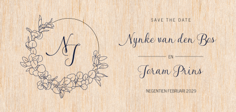 Houten Save the Date kaart met kransje
