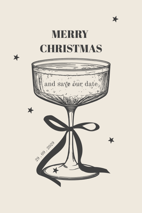 Kerst Save the Date met champagneglas en strik