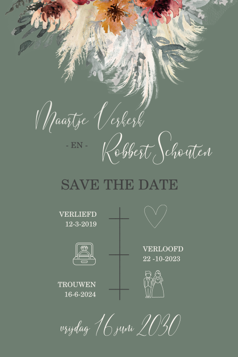 Save the Date met tijdlijn en bloemetjes