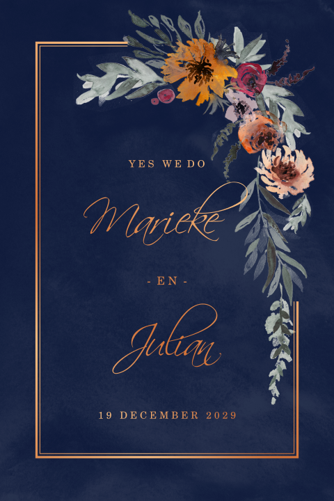Trouwkaart met bloemen en koperfolie