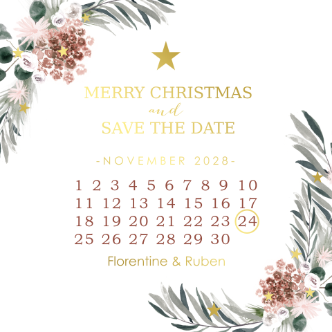Save the Date kerstkaartje met kalender en goudfolie