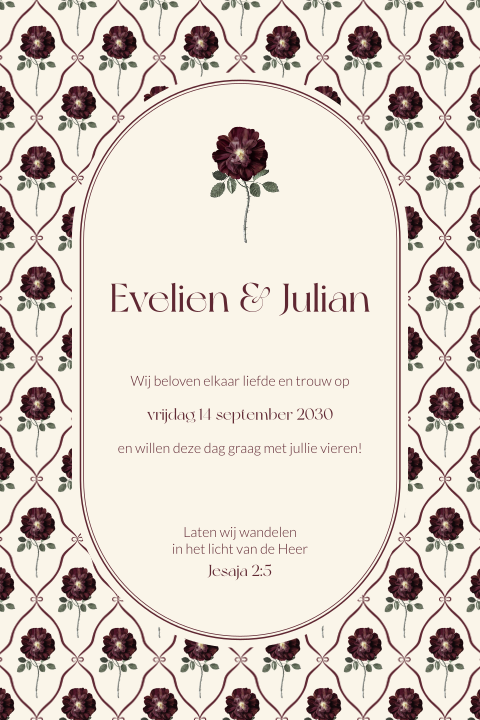 Trouwkaart vintage met rood bloemetjespatroon