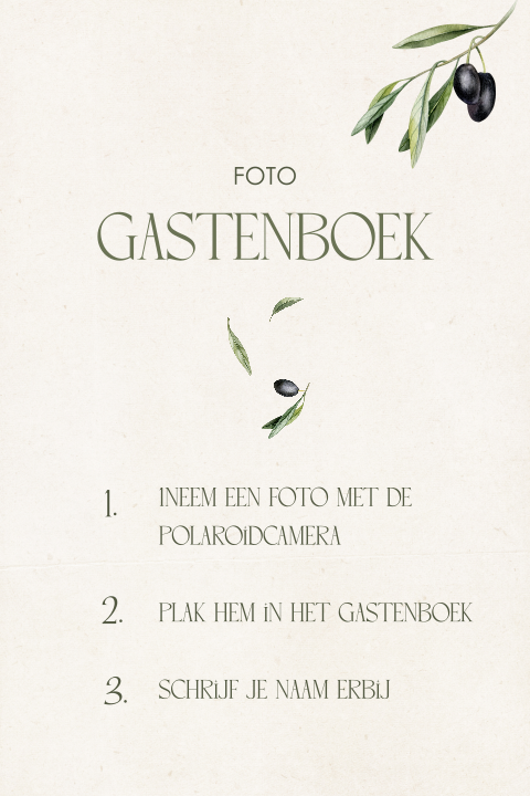 Informatiebordje bij gastenboek met olijftakjes