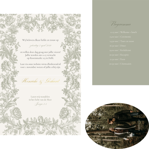 Vintage trouwkaart in groene tinten met foto