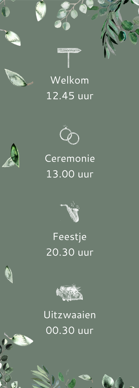 Programmastrookje bij trouwkaart met blaadjes en foto's