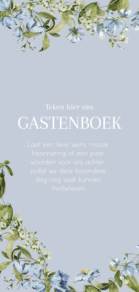Langwerpig bordje bij gastenboek met bloemen