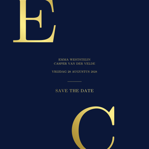 Moderne Save the Date kaart met initialen in goudfolie