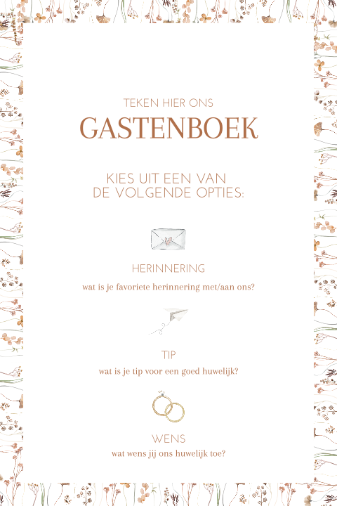 Bordje met bloemen bij gastenboek