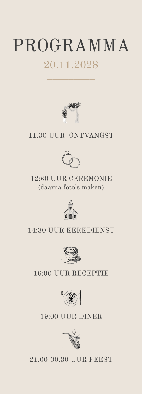 Programmakaartje bij trouwkaart met icoontjes