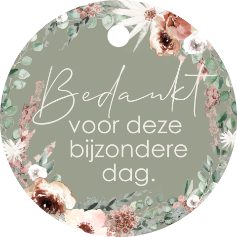 Rond labeltje bij bedankjes met bloemen