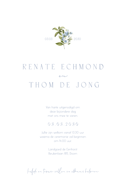 Klassieke trouwuitnodiging met blauwe bloemen en hoogglans