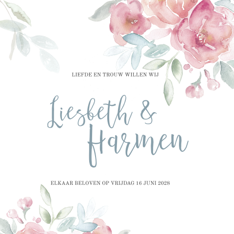 Romantische trouwkaart met geverfde bloemen